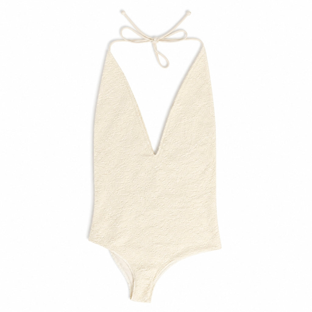 Plunging V Neck Cream Eyelet One Piece