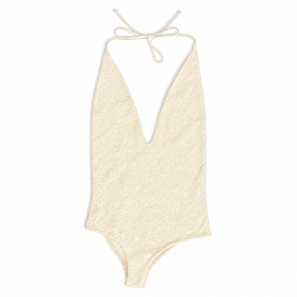 Plunging V Neck Cream Eyelet One Piece