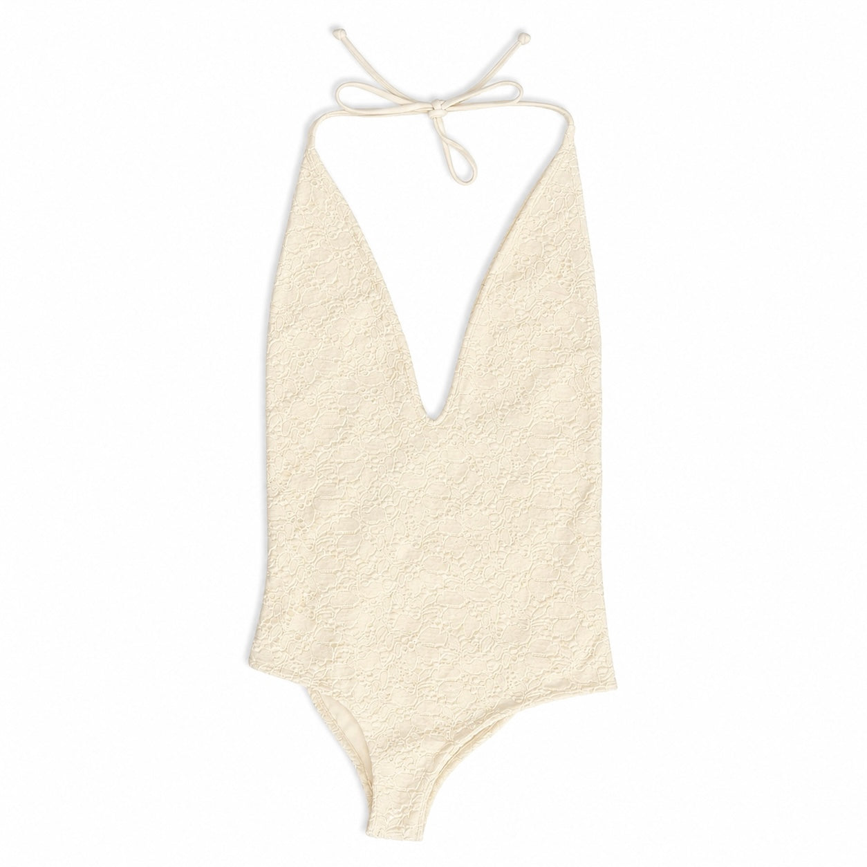 Plunging V Neck Cream Eyelet One Piece