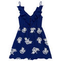 A navy blue sleeveless dress with white floral embroidery, ruffled shoulder details, and a buttoned V-neckline, shown against a plain white background.