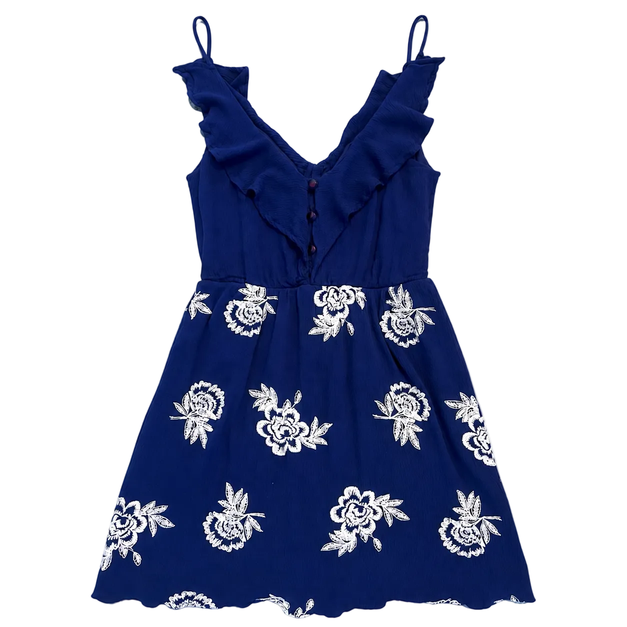 A navy blue sleeveless dress with white floral embroidery, ruffled shoulder details, and a buttoned V-neckline, shown against a plain white background.