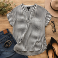 Black & White Striped V-Neck Pocket Blouse