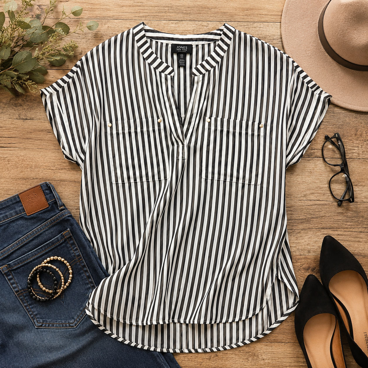 Black & White Striped V-Neck Pocket Blouse