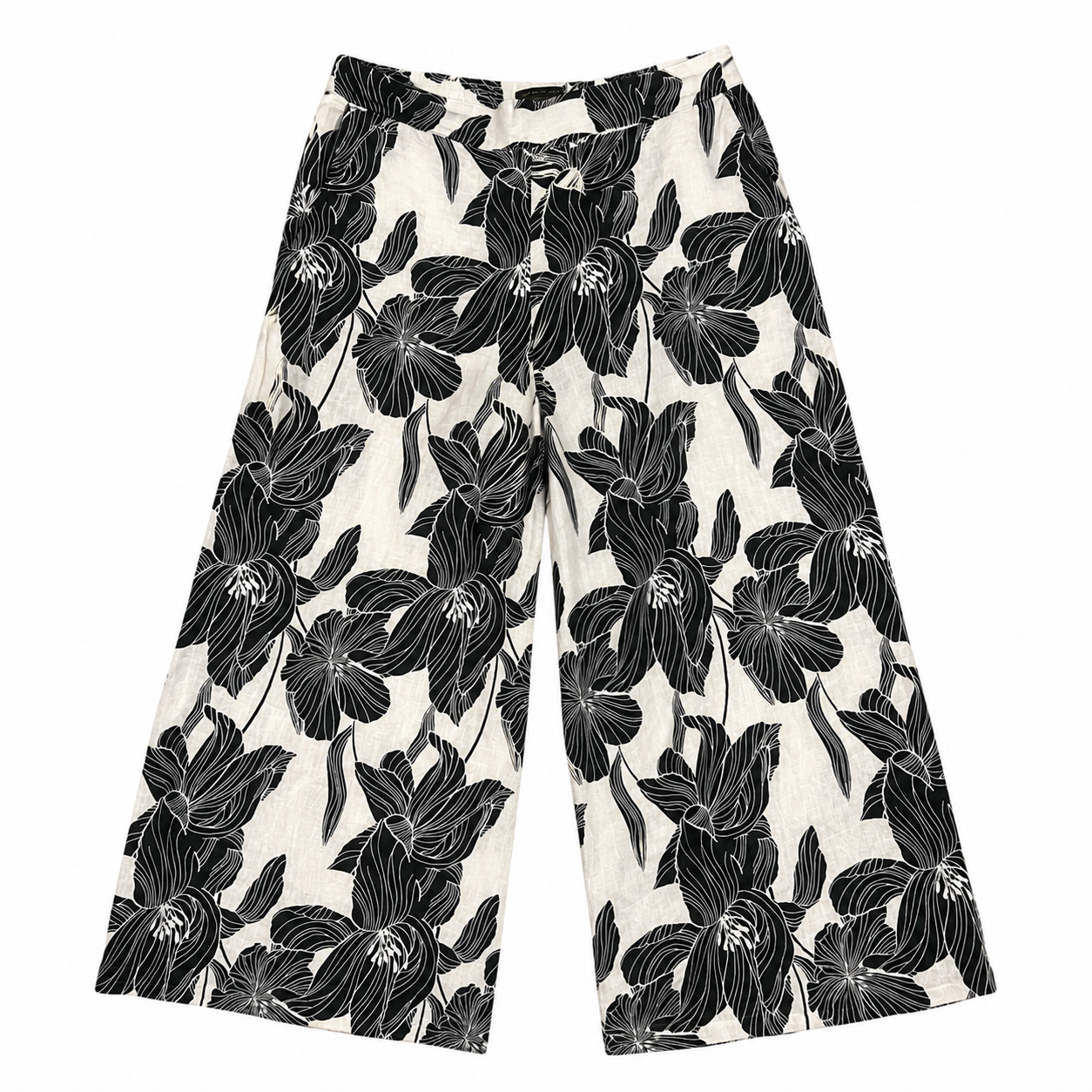 100% Linen Wide Leg Black Floral Pants